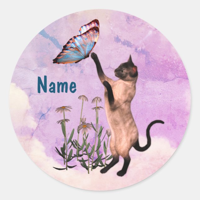 Sticker Rond Papillon bleu chat siamois mou Personnalisé (Devant)