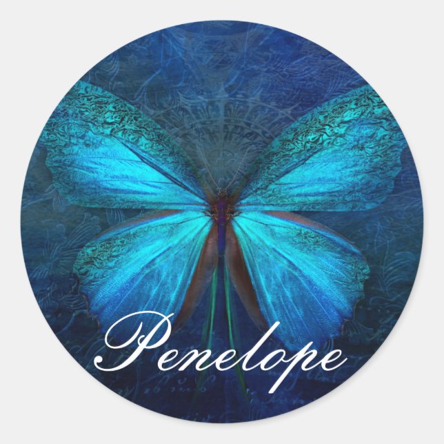 Sticker Rond Papillon bleu de la joie et de la chance (Devant)