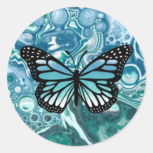 Sticker Rond Papillon bleu et turquoise (Devant)