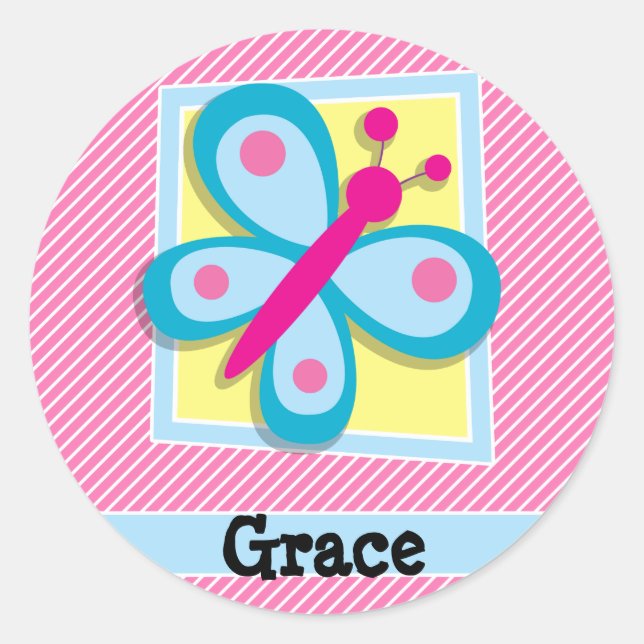 Sticker Rond Papillon bleu sur bandes rose et blanche (Devant)