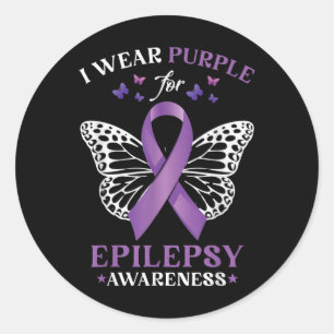 Sticker Rond Papillon cardiaque Je Porte Violet Pour L'Épilepsi