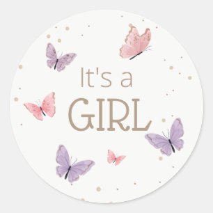Sticker Rond Papillon C'est un Baby shower FILLE 