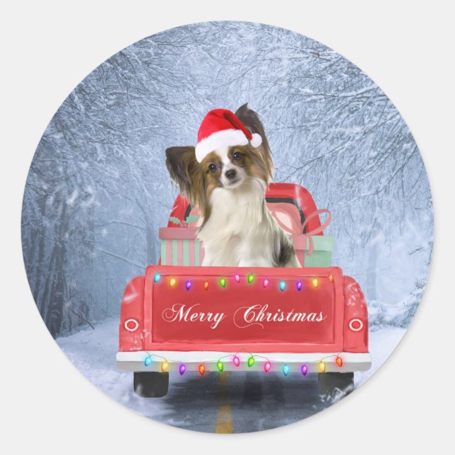 Sticker Rond Papillon Chien en neige assis sur le camion de Noë (Devant)