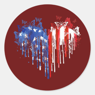 Sticker Rond Papillon Coeur drapeau américain 4 juillet