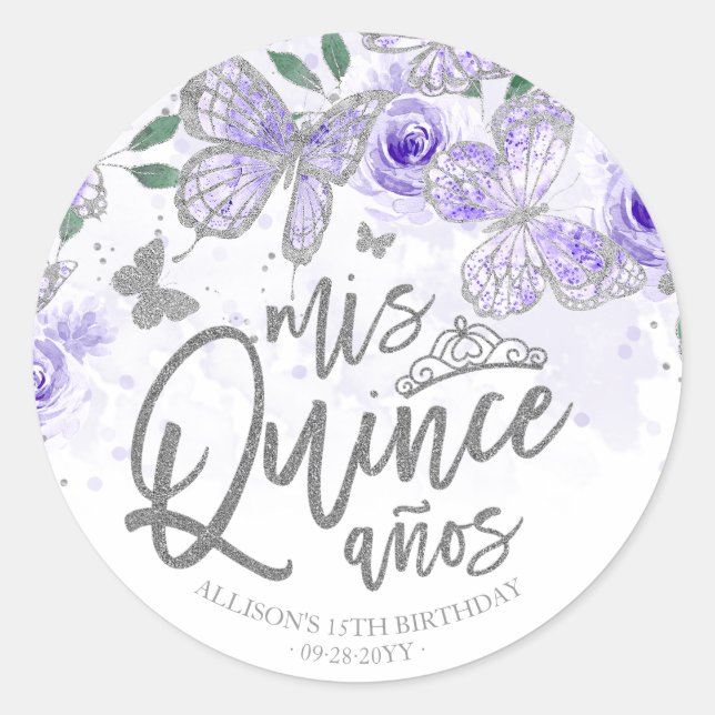 Sticker Rond Papillon d'argent pourpre Quinceanera (Devant)