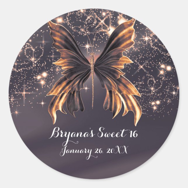 Sticker Rond Papillon de fantaisie scintillant or (Devant)