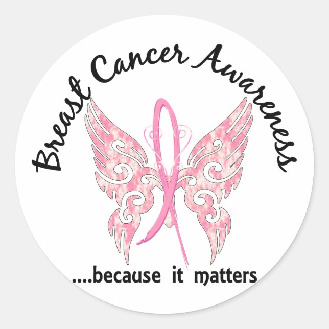 Sticker Rond Papillon de tatouage Grunge 6.1 Cancer du sein (Devant)