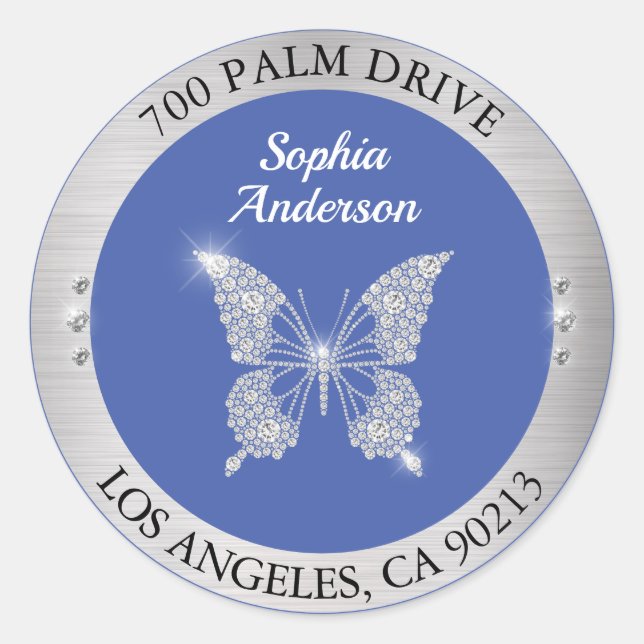 Sticker Rond Papillon Diamant, Adresse de Retour Argent, Bleu M (Devant)