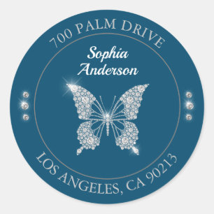 Sticker Rond Papillon Diamant, Adresse de Retour DIY, Bleu Océa
