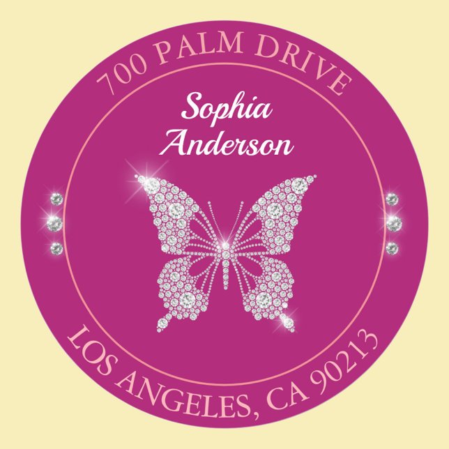 Sticker Rond Papillon Diamant, Adresse de Retour Fuchsia Foncé (Créateur téléchargé)