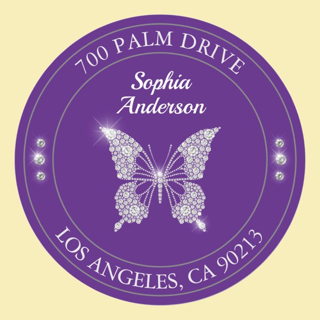 Sticker Rond Papillon Diamant, Adresse de Retour Violet Royal (Créateur téléchargé)