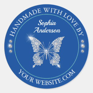 Sticker Rond Papillon Diamant, Fait À La Main Avec Amour, Bleu 