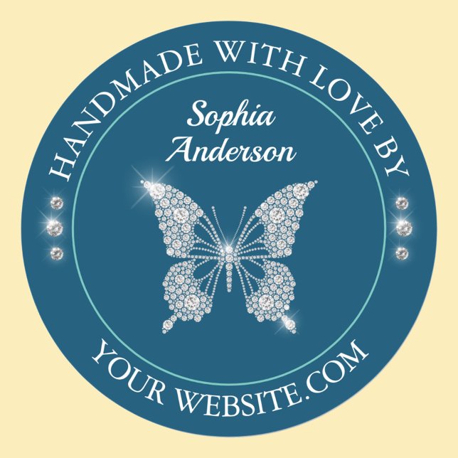 Sticker Rond Papillon Diamant, Fait À La Main Avec Amour Bleu O (Créateur téléchargé)