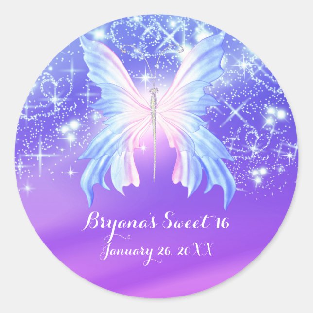 Sticker Rond Papillon d'Imaginaire rose et pourpre (Devant)