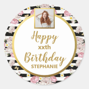 Sticker Rond Papillon doré Motif floral Joyeux Anniversaire Pho