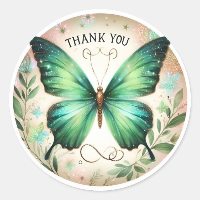 Sticker Rond Papillon Feuille Parties scintillant verte - Merci (Devant)