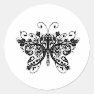 Sticker Rond Papillon floral - Noir & Blanc