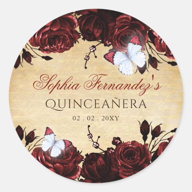 Sticker Rond Papillon floral rouge vintage rustique   (Devant)