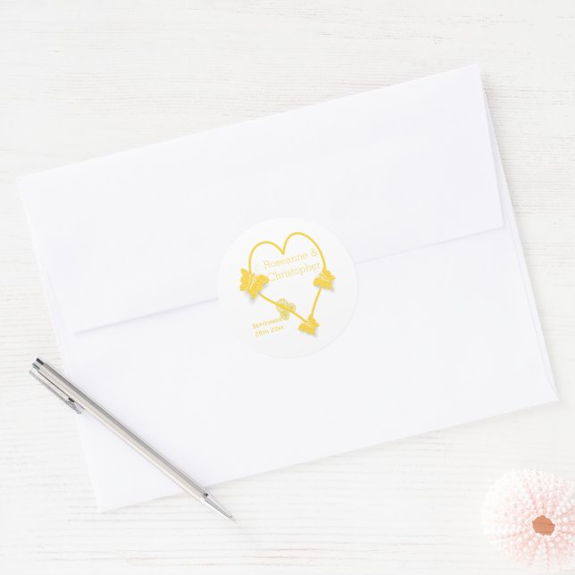 Sticker Rond Papillon jaune Mariage de conception cardiaque (Enveloppe)