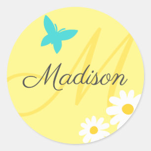 Sticker Rond Papillon jaune pastel Daisy Nom personnalisé migno