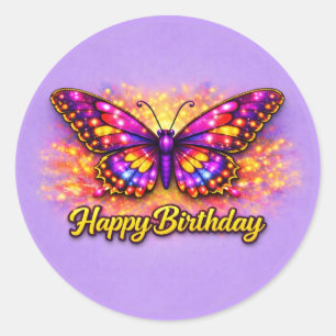 Sticker Rond Papillon magique d'anniversaire doré et violet