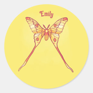 Sticker Rond Papillon orange jaune Luna Moth Nom de la fille