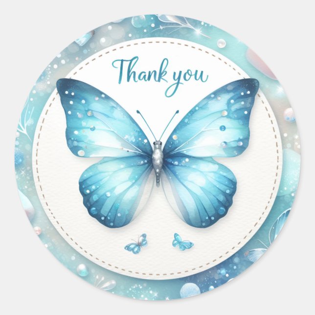Sticker Rond Papillon Parties scintillant Pastel bleu - Merci - (Devant)
