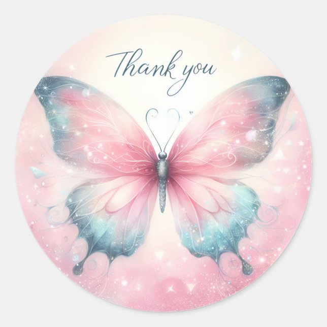 Sticker Rond Papillon Parties scintillant Pastel Rose - Merci - (Devant)
