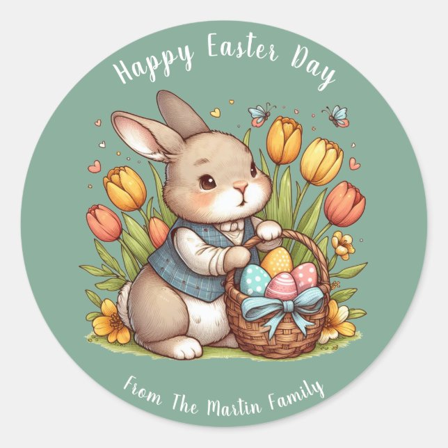 Sticker Rond Papillon, Pavot, Lapin Joyeux Jour de Pâques (Devant)