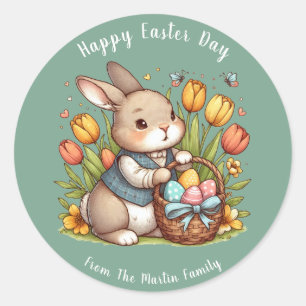 Sticker Rond Papillon, Pavot, Lapin Joyeux Jour de Pâques