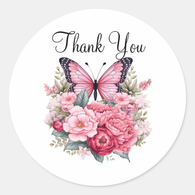 Sticker Rond Papillon rose Aquarelle et Fleurs Merci (Devant)