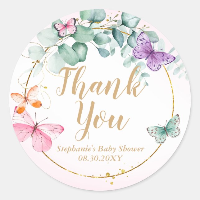 Sticker Rond Papillon rose Baby shower Eucalyptus Favoriser (Devant)