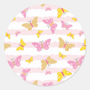 Sticker Rond Papillon rose et or