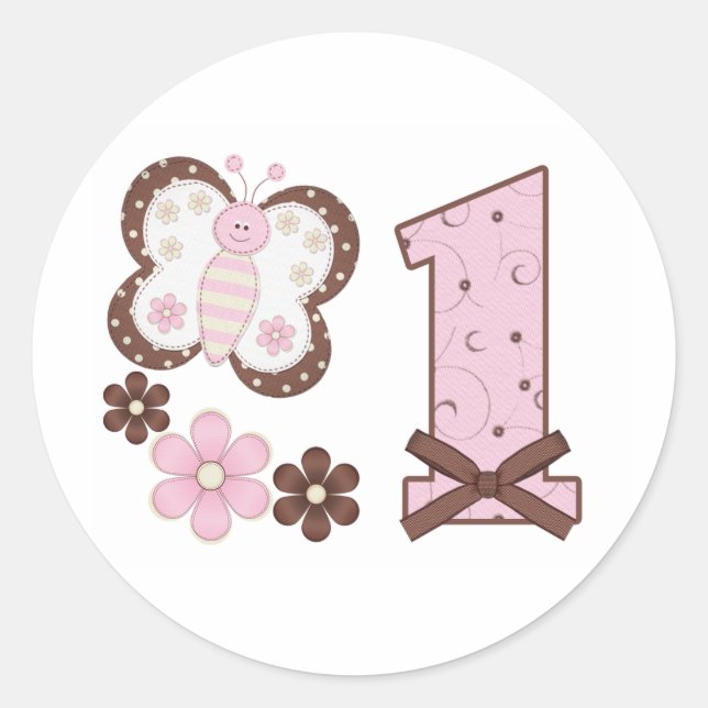 Sticker Rond Papillon rose Premier Anniversaire Classic Sticke  (Devant)
