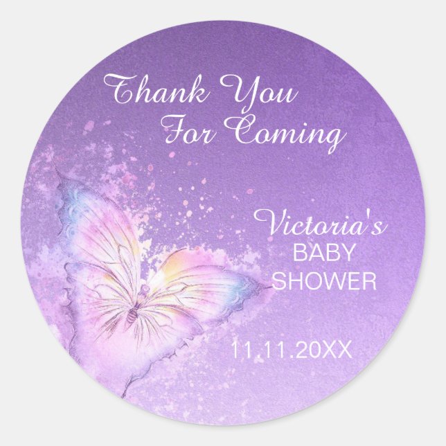 Sticker Rond Papillon rose violet Merci de Baby shower Pastel (Devant)