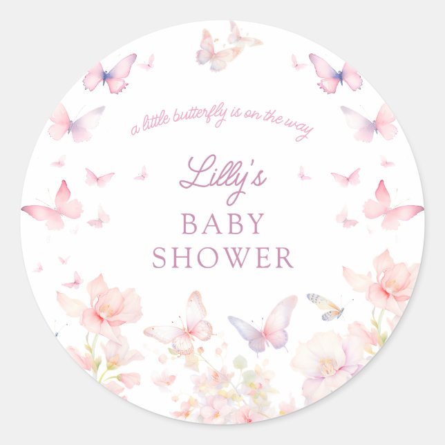 Sticker Rond Papillon sur le chemin Baby shower de fleurs roses (Devant)
