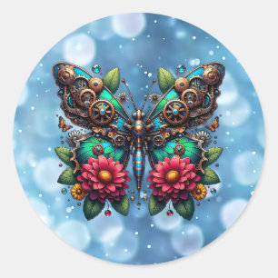 Sticker Rond Papillon vapeur avec engrenages et fleurs