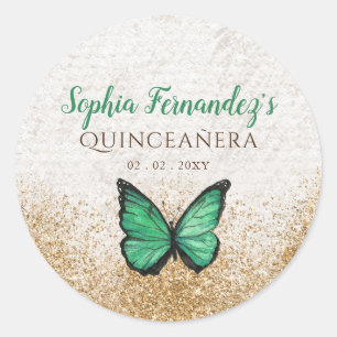 Sticker Rond Papillon vert émeraude rustique vintage or