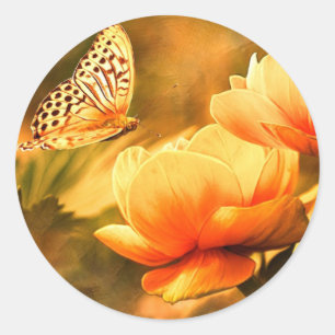 Sticker Rond Papillon vintage et fleurs