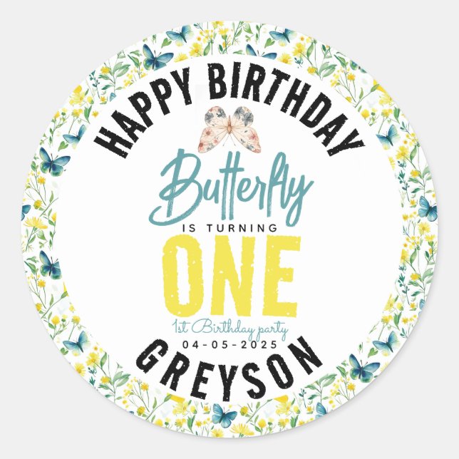 Sticker Rond Papillon Whimsical Floral 1er anniversaire (Devant)