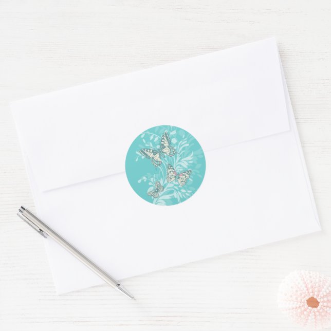 Sticker Rond Papillons art et damas aqua turquoise (Enveloppe)