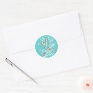 Sticker Rond Papillons art et damas aqua turquoise