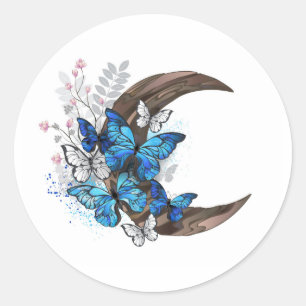 Sticker Rond Papillons bleus sur croissant en bois
