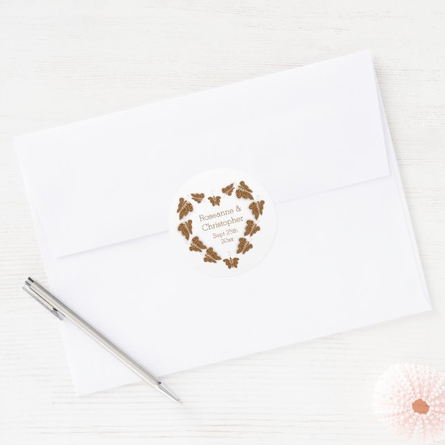 Sticker Rond Papillons couleur chocolat Mariage design (Enveloppe)