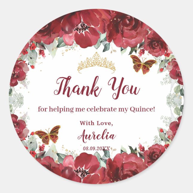Sticker Rond Papillons de pivoine de fleurs rouges Quinceanera  (Devant)