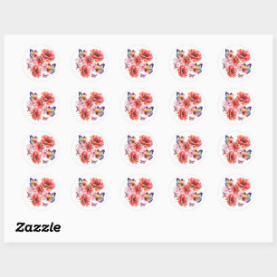 Sticker Rond Papillons et fleurs de pavot