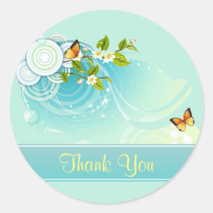 Sticker Rond Papillons et fleurs Merci