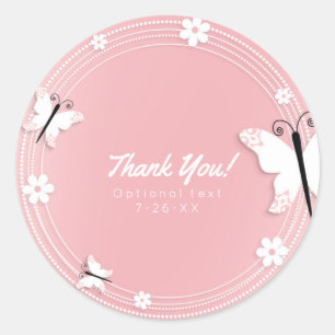 Sticker Rond Papillons et fleurs roses et blanches Personnalise
