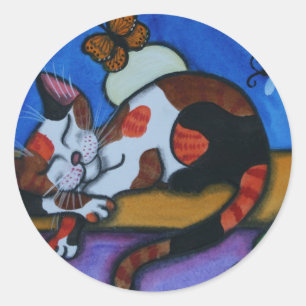 Sticker Rond Papillons et libellules de chat de sommeil