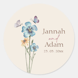 Sticker Rond Papillons Fleur sauvage bleu simple Mariage floral